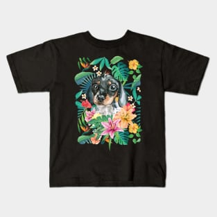 Tropical White Black Tan Piebald Dachshund Doxie 1 Kids T-Shirt